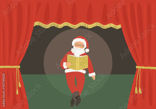 Christmas puppet theatre show. Santa reads Xmas story in the book. 