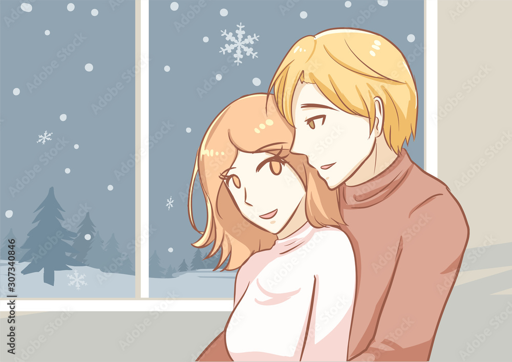couple in love woman and man cuddling inside beside window show winter snow fall romantic scene outside cute vector character illustration for valentines and christmas couple in love woman and man cuddling inside beside window show winter snow fall romantic scene outside cute vector character illustration for valentines and christmas