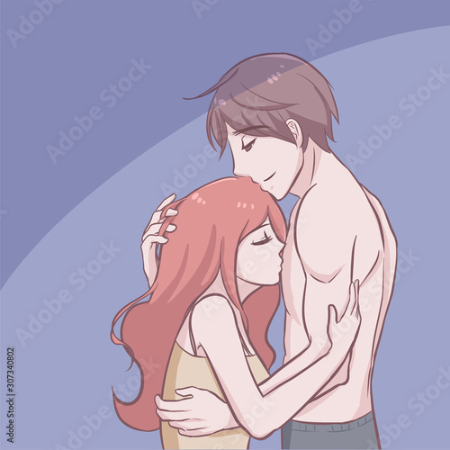 couple in love woman kissing at man chest at heart position romantic sensual sweet pastel cartoon character vector illustration