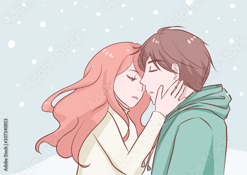 couple in love woman and man kissing outside in winter snow fall romantic cute vector character illustration for valentine and christmas.
