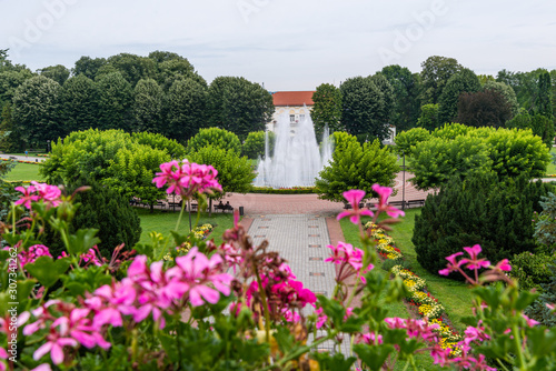 Loznica, Serbia - July 13, 2019: Medical wellness center Banja Koviljaca, Serbia. Beautiful fountain in center of Banja Koviljaca.