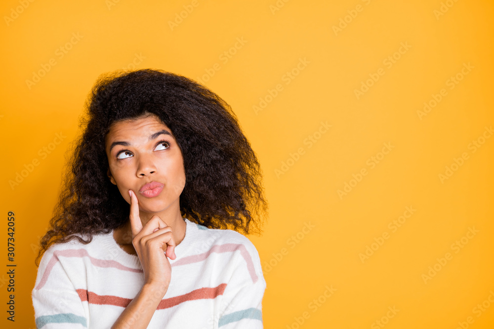Close-up portrait of her she nice attractive lovely charming genius creative curious wavy-haired girl creating new interesting idea isolated over bright vivid shine vibrant yellow color background Close-up portrait of her she nice attractive lovely charming genius creative curious wavy-haired girl creating new interesting idea isolated over bright vivid shine vibrant yellow color background