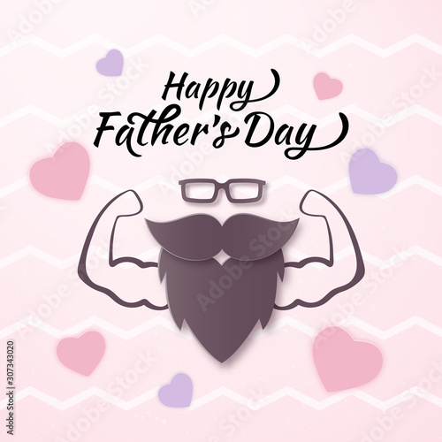 Vector Cool Happy Fathers Day banner with Muscular Man, Papercut Pink Heart. Man Glasses, Mustache, Beard Layered Paper art flat style. Father gift on your blog, web.