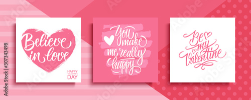 Valentines Day romantic cards set. Happy Valentine's Day, 14 february holiday lettering greetings collection. Vector Illustration.