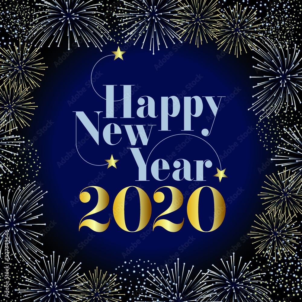 Carte De Voeux Fond Bleu Nuit Decoree De Feux D Artifices Et D Un Texte En Anglais Or Et Argent Stock Vector Adobe Stock Carte De Voeux Fond Bleu Nuit Decoree De Feux D Artifices Et D Un Texte En Anglais Or Et Argent Stock Vector Adobe Stock