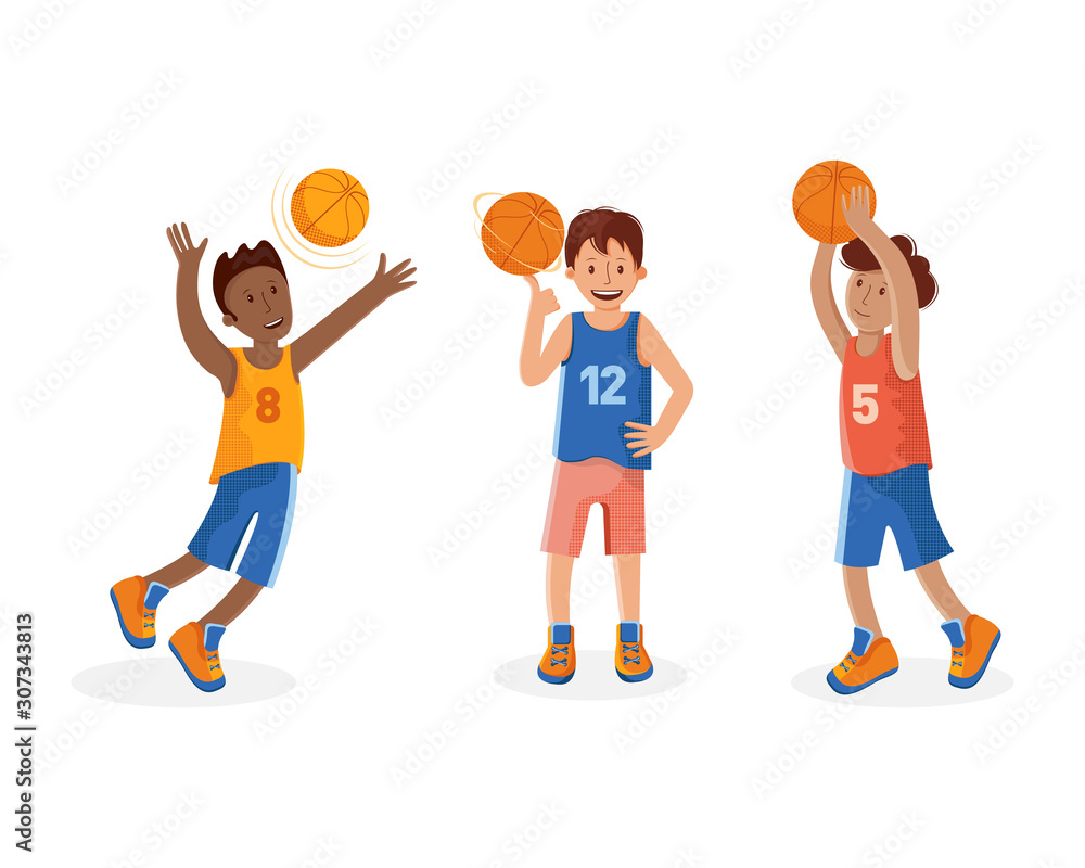 Set of boys basketball player with ball. A small child playing basketball.  Colorful cartoon illustration in flat vector. Children s sport. Sports team  games. Stock Vector | Adobe Stock