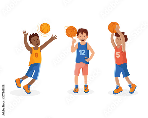 Set of boys basketball player with ball. A small child playing basketball. Colorful cartoon illustration in flat vector. Children s sport. Sports team games.