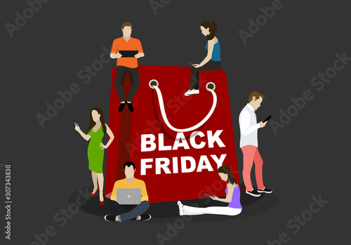 Black Friday Big Sale Holiday Special Offer. Group of people using mobile smartphone for choosing, online ordering and purchasing goods via mobile app. Vector Illustration
