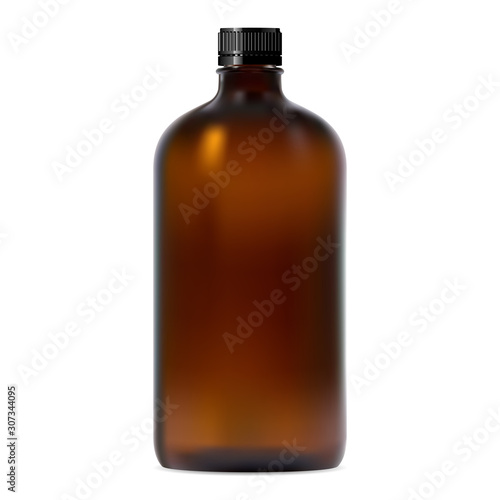 Brown glass brown. Realistic transparent amber container mockup with screw lid. Essential oil pharmaceutical jar. Vitamin syrup round storage. Chemical packaging design illustration