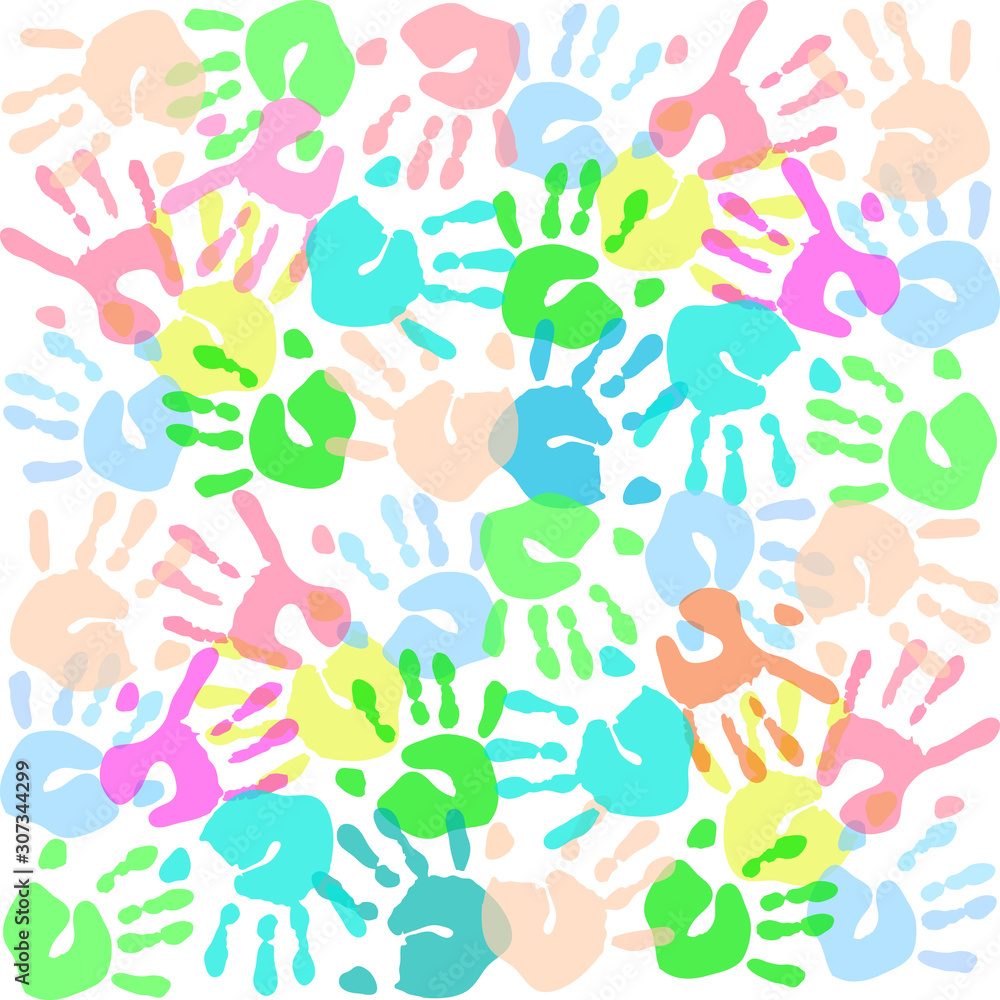 colored prints of children's hands on a white background. vector illustration. colored prints of children's hands on a white background. vector illustration.