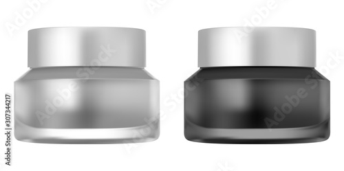 Glass cream jar mockup. Scrub container template isolated on background. Face skin cosmetic product package design. Black and silver round packaging with shiny lid for beauty gel