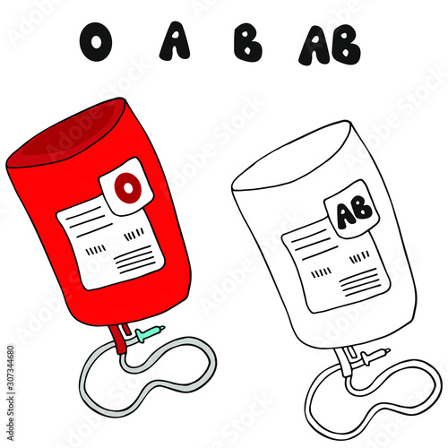 Blood Bags isolated on white background. Doodle hand drawn set of donation bags with different blood types. O, A, B, AB. Colored and black and white.