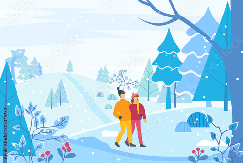 Couple walking together in winter park or forest. People hugging each other, man and woman on romantic date in snowy wood. Person with friend in warm clothes like hat and overcoat. Vector illustration