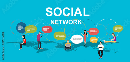 Social network web site surfing concept illustration of young people using mobile gadgets such as smartphone, tablet pc part of online community. Flat guys and young women on world map. Vector.