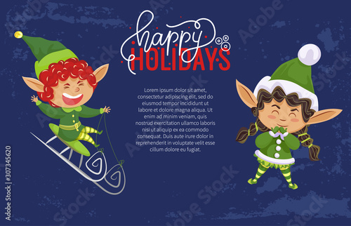 Christmas holiday banner, elves or Santa helpers, sledging and laughing. Happy Holidays wish, Xmas greeting, boy and girl in green costumes. Little dwarfs, winter magic creatures vector illustration