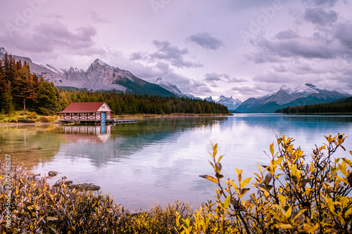 Maligne lake Jasper Alberta Canada during late Autumn in October