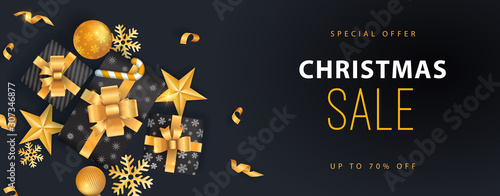 Christmas sale banner black background template with glitter gold elements, snowflakes, stars, gifts	