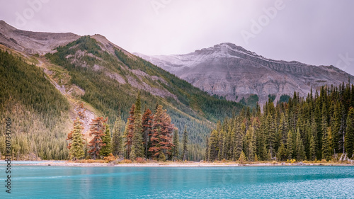 Maligne lake Jasper Alberta Canada during late Autumn in October