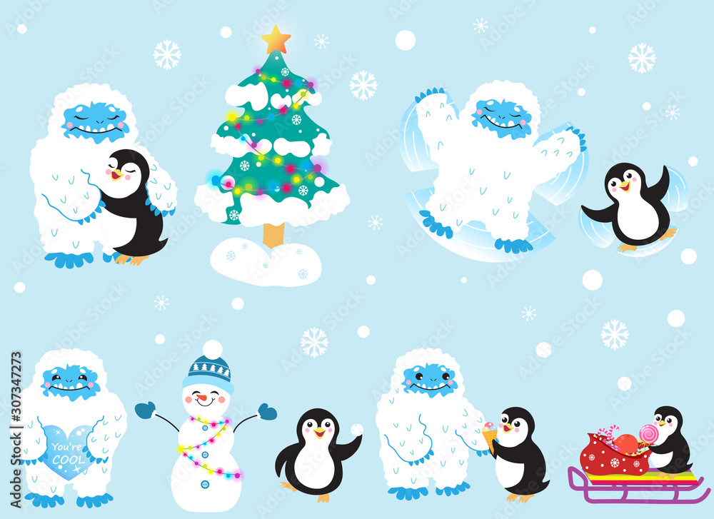 Cute snow yeti and his friend penguin celebrating Christmas and New Year vector set. Isolated on light background - obrazy, fototapety, plakaty 