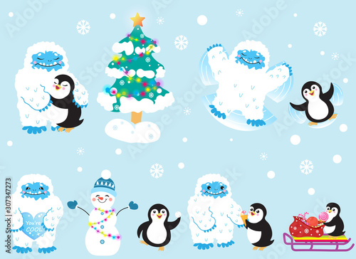 Cute snow yeti and his friend penguin celebrating Christmas and New Year vector set. Isolated on light background
