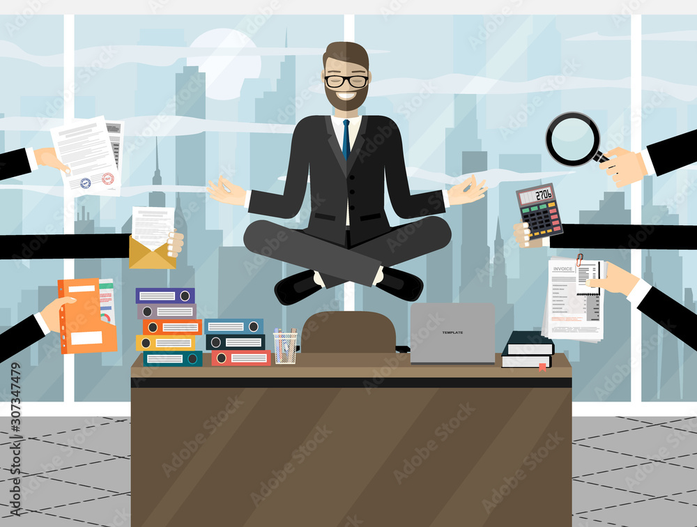Business man meditating in lotus pose over table in office room. Business man surrounded by hands with office things. Multitasking and time management concept. Vector flat design illustration. Business man meditating in lotus pose over table in office room. Business man surrounded by hands with office things. Multitasking and time management concept. Vector flat design illustration.