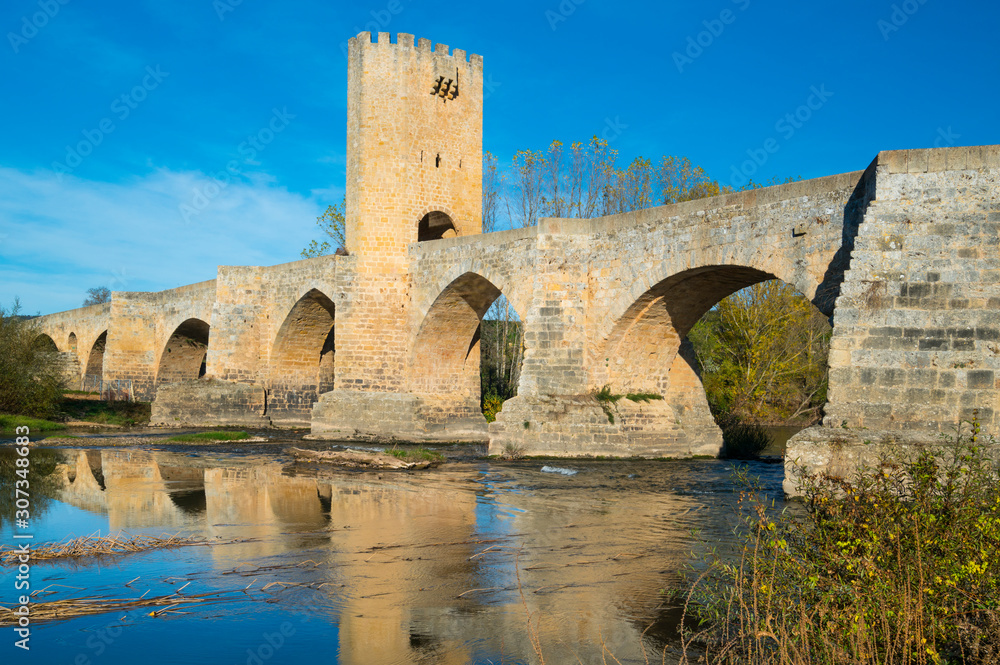 Medieval Bridge, Ebro river, Frias village, Las Merindades, Burgos, Castilla y Leon, Spain, Europe