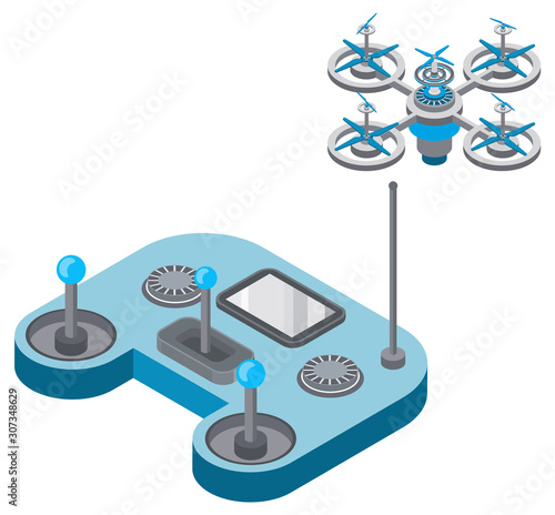Drone with remote controller, wireless device with propellers, quadcopter symbol, aircraft with remotely radio controlled flying robots, discovery air robot for video and photo, multicopter vector
