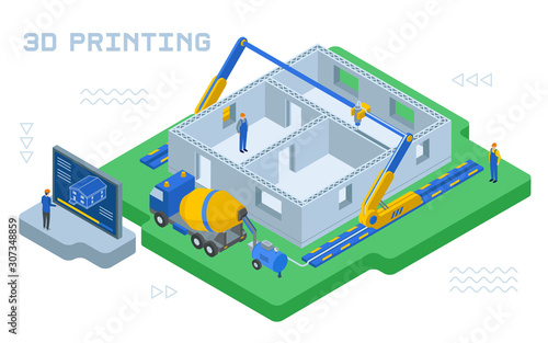 Colourful vector illustration of industrial 3D printing