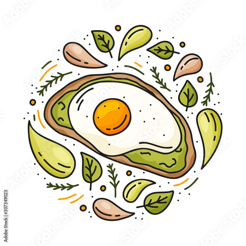 Avocado toast with different leaves and oil drops. Color cartoon piece of bread with fried egg. Round doodle template. Hand drawn vector concept of healthy breakfast. Illustration for poster
