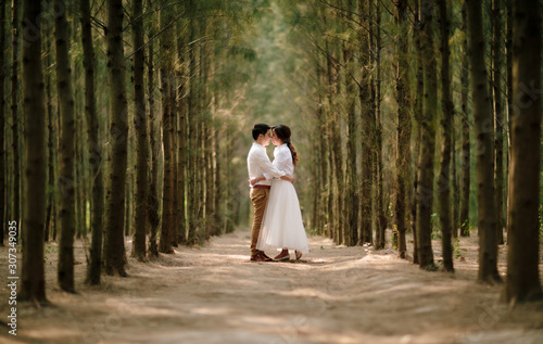 Young asian groom and bride posing and smiling for pre-wedding shot