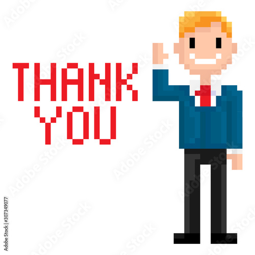 Pixel man greeting vector, pixelated character saying thank you and waving his hand, isolated male smiling and expressing thanks, businessman smiling