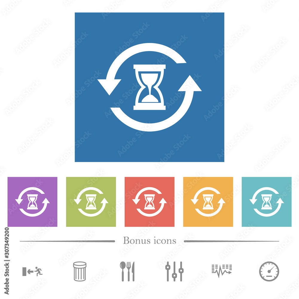 Reload symbol with sandglass flat white icons in square backgrounds Reload symbol with sandglass flat white icons in square backgrounds