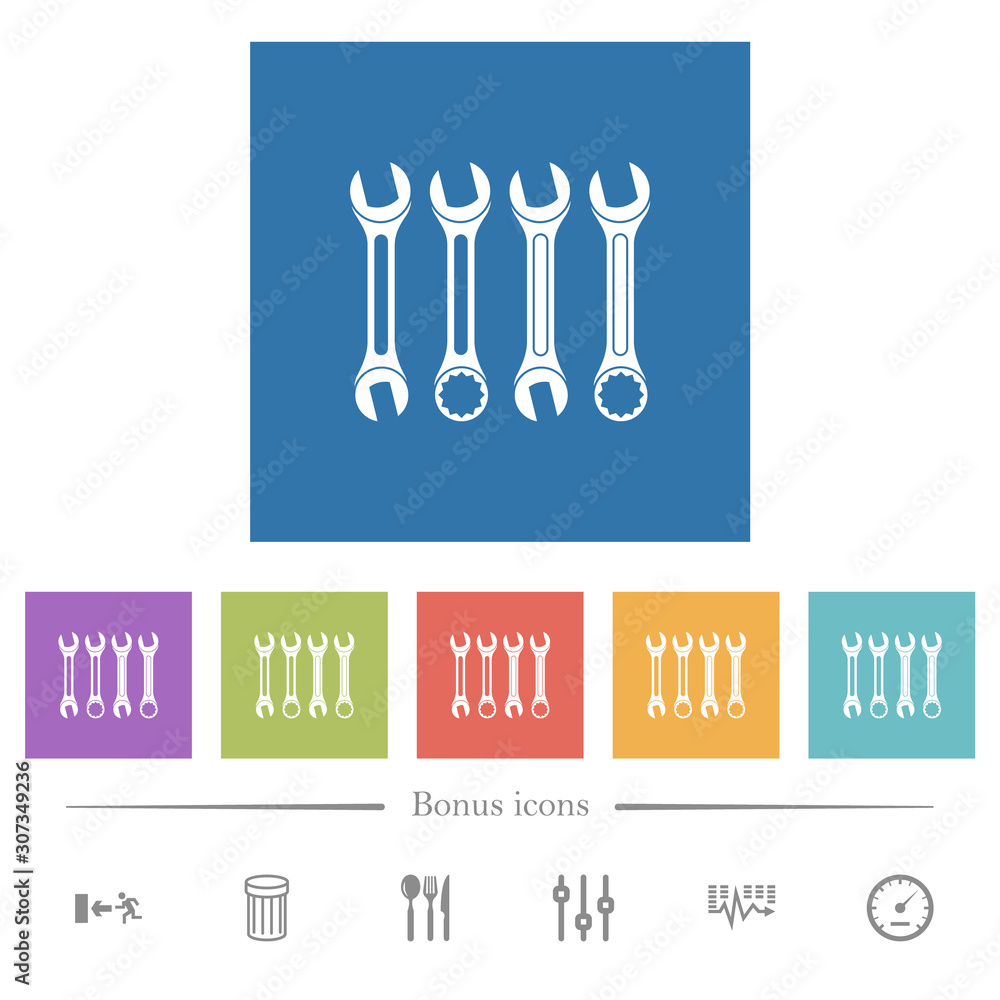 Fototapeta premium Set of wrenches flat white icons in square backgrounds