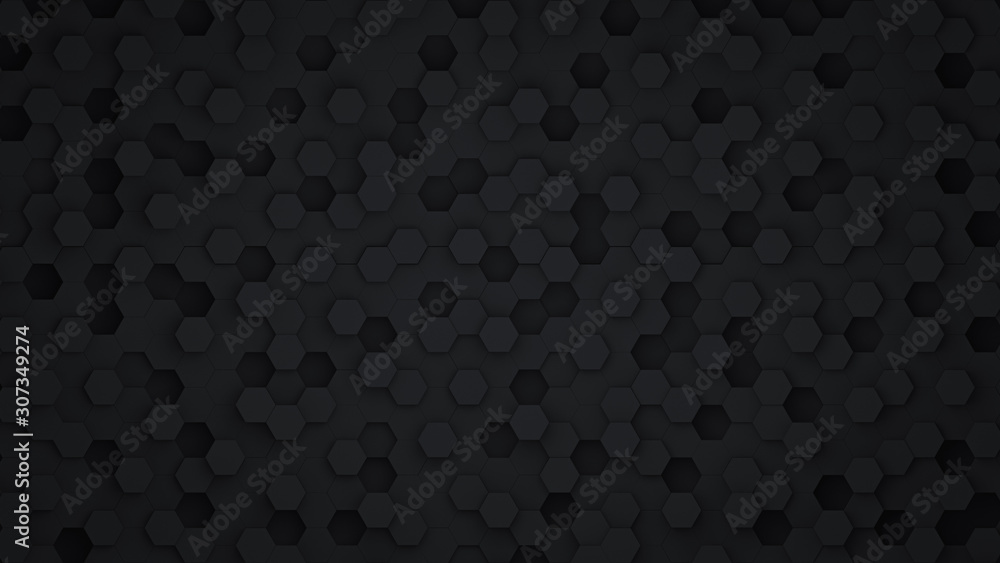 Black hexagon abstract background with futuristic pattern digital technology or honeycomb style. Dark geometry Backdrop. 3D Rendering. Black hexagon abstract background with futuristic pattern digital technology or honeycomb style. Dark geometry Backdrop. 3D Rendering.