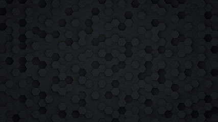 Black hexagon abstract background with futuristic pattern digital technology or honeycomb style. Dark geometry Backdrop. 3D Rendering.