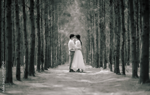 Young asian groom and bride posing and smiling for pre-wedding shot