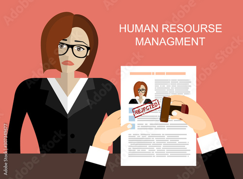 Hand holding resume and stamp with rejected. A sad woman is not got a job. Human resources management concept, searching professional staff, analyzing resume papers, work. illustration in flat design