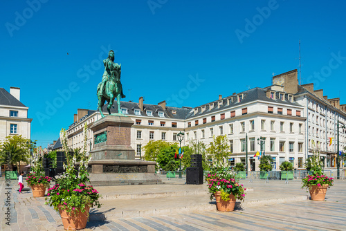 ORLEANS, FRANCE - May 8, 2018: statue Joan of Arc is an 1874 French gilded bronze equestrian sculpture of Orleans Cathedral in Orleans, France