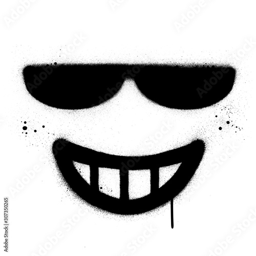 graffiti square grinning icon with sunglasses sprayed in black