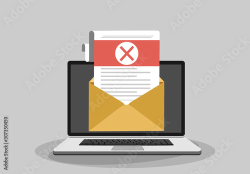 Laptop and envelope with rejected letter. Email with rejected header, subject line.College rejected admission or employment, recruitment concepts. Modern flat design vector illustration
