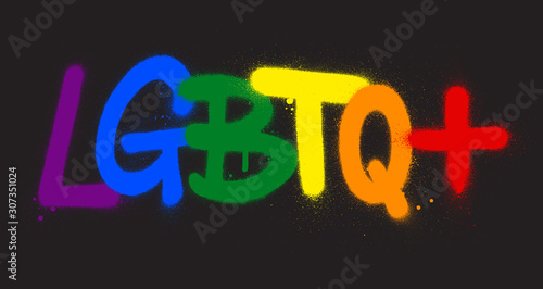 graffiti LGBTQ+ abbreviation sprayed in rainbow colors over black