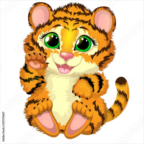 Cartoon cute tiger. Vector illustration of funny happy animal. - Vector  photo