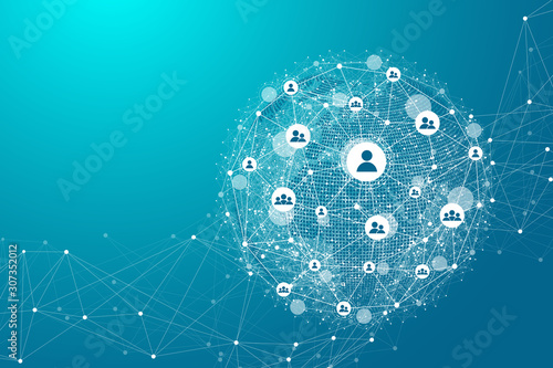 Global network connection concept. Big data visualization. Social network communication in the global computer networks. Internet technology. Business. Science. Vector illustration