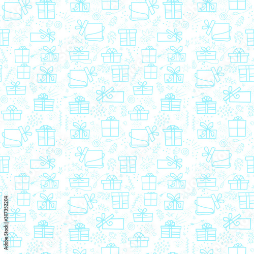 Hand drawn seamless pattern with outline gifts with bows in cartoon style. Doodle thin line gift box texture with different bows. Gift wrap, package. Doodle gift box wallpaper on white background.