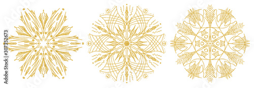 Set of snowflake sketch icon isolated on white background. Hand drawn mandala. Swirl gold icons for infographic, website, design or app.
