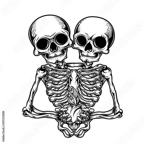 Two headed skeleton mascot with sacred heart in his hands. Handcrafted vector illustration in engraving technique. Good for greeting cards, banners, stickers, t-shirts and posters.