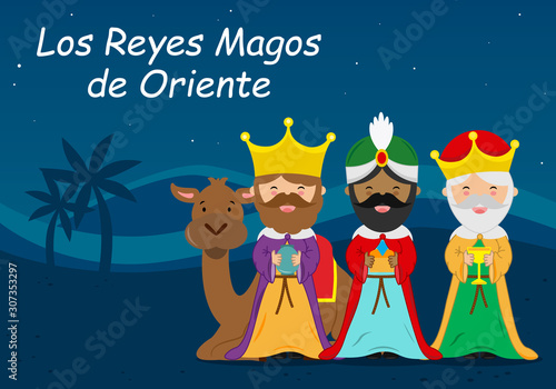 Fotobehang Card of the three wise men. Spanish text Three Wise Men