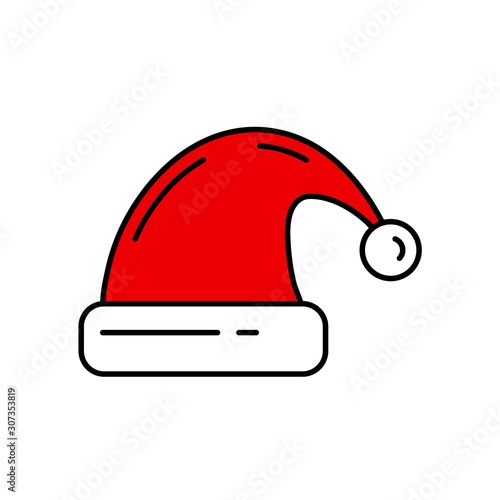Christmas traditional santas fur cap color icon. Holiday Xmas winter trendy decoration background. Holidays event, carnival party element icon. Children happiness. Vector linear illustration vintage.
