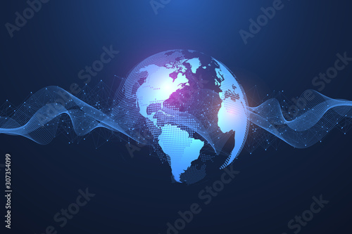 Global network connection concept. Big data visualization. Social network communication in the global computer networks. Internet technology. Business. Science. Vector illustration