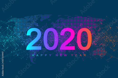 Merry Christmas and Happy New Year 2020 greeting card. Modern futuristic template for 2020. Digital data visualization. Business technology concept. Vector illustration